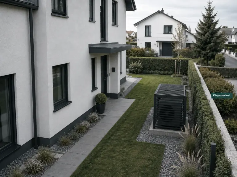 Wärmepumpe auf einem Betonsockel mittig zwischen Hauswand und Grundstücksgrenze, das Nachbarhaus in einigem Abstand im Hintergrund