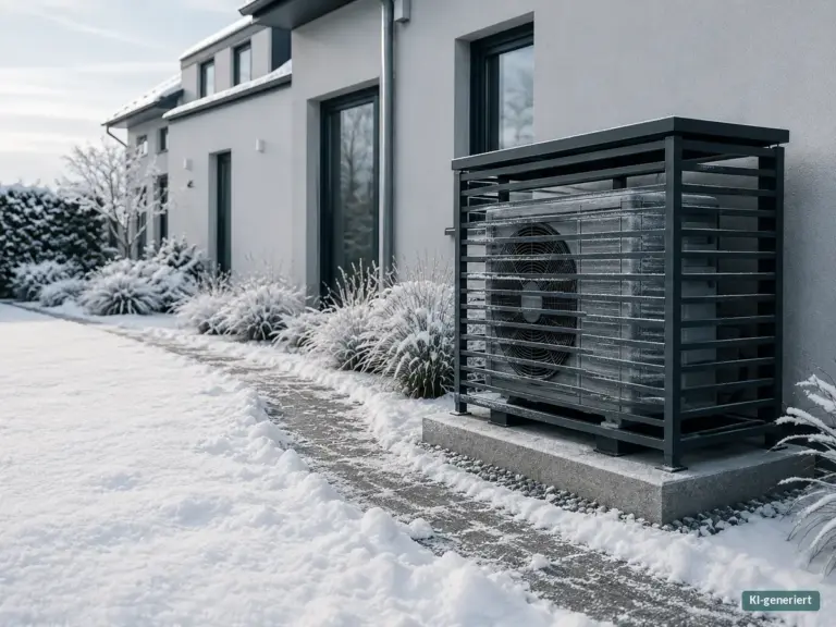 Wärmepumpe mit Schutzverkleidung auf einem freigeräumten Sockel im verschneiten Vorgarten eines modernen Hauses