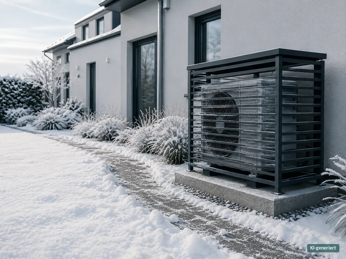 Wärmepumpe mit Schutzverkleidung auf einem freigeräumten Sockel im verschneiten Vorgarten eines modernen Hauses