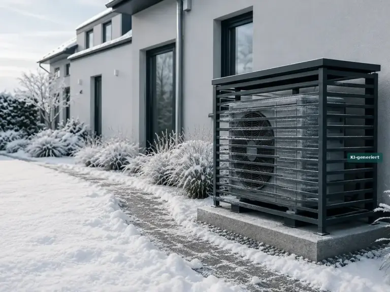 Wärmepumpe mit Schutzverkleidung auf einem freigeräumten Sockel im verschneiten Garten