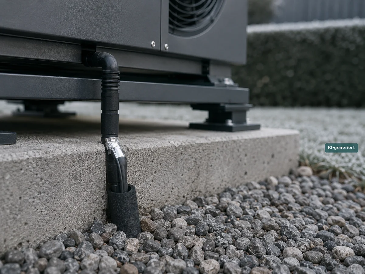 Selbstregelndes Heizband, mit Aluminium-Klebeband am Kondensatablauf einer Wärmepumpe befestigt, daneben die zurückgeschobene Rohrisolierung
