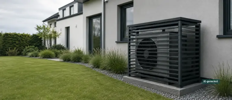 Wärmepumpen-Außeneinheit an einer Hauswand, geschützt durch eine dunkle Lamellen-Umhausung als Diebstahlschutz