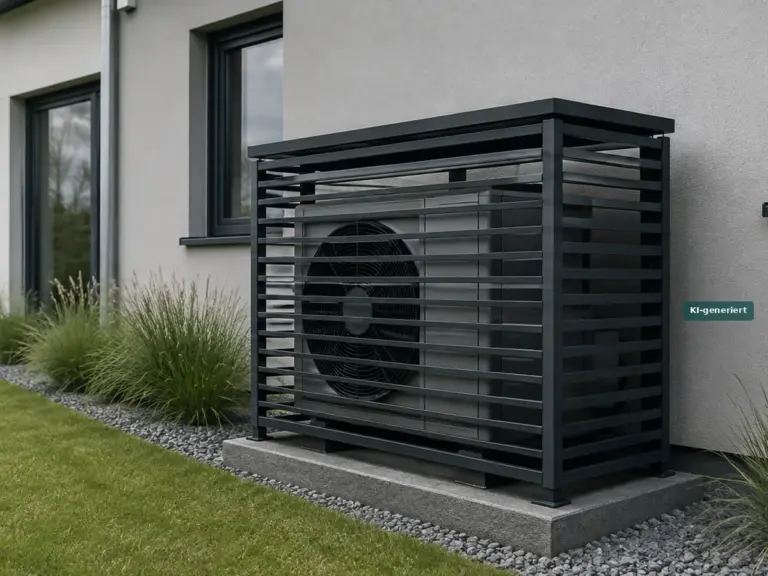 Außeneinheit einer Wärmepumpe in einer Lamellen-Einhausung neben dem Haus, bereit für den Winter