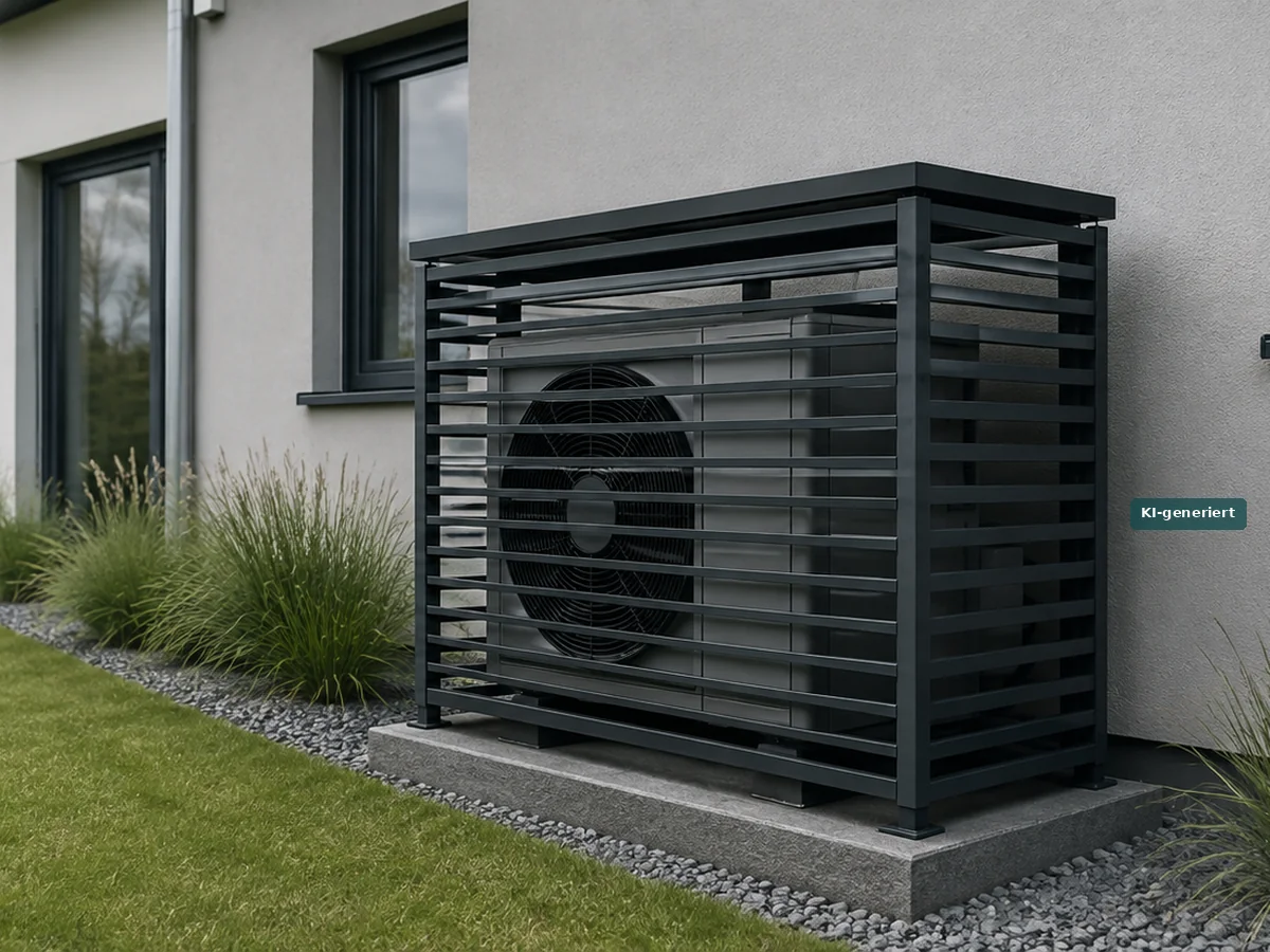 Außeneinheit einer Wärmepumpe in einer Lamellen-Einhausung neben dem Haus, bereit für den Winter