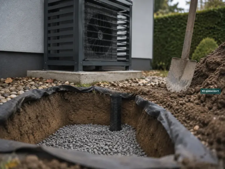 Sickerpaket aus Kies und Vlies mit Drainagerohr neben dem Fundament einer Wärmepumpe