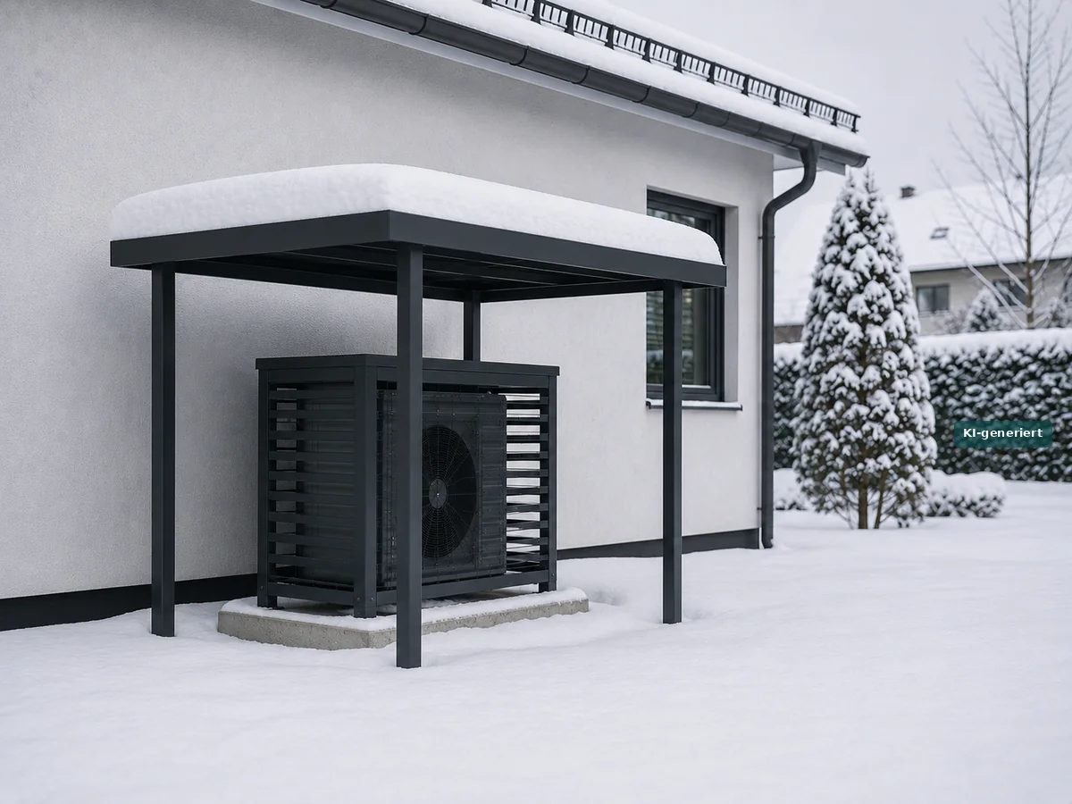 Wärmepumpe auf erhöhtem Sockel im Schnee unter einem offenen Schutzdach