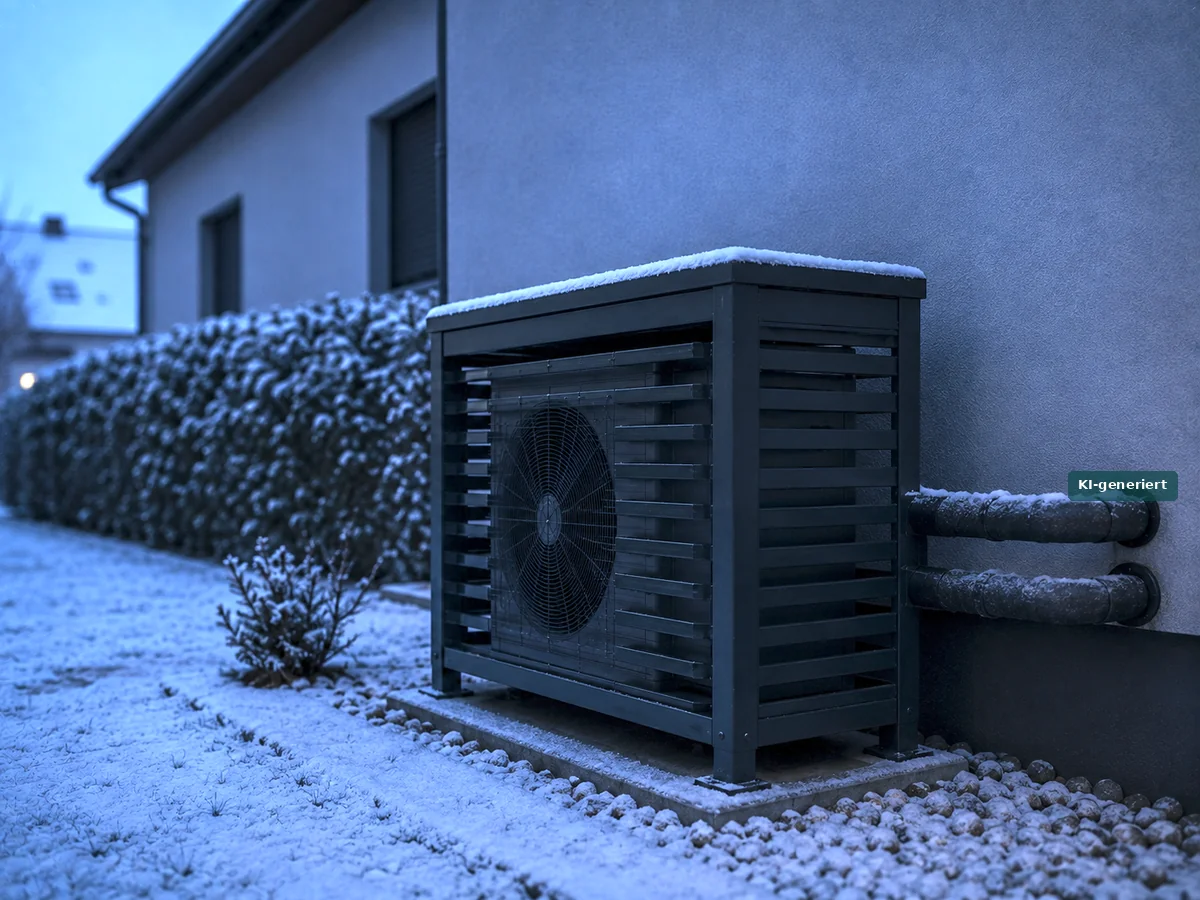 Wärmepumpe an einem unbeleuchteten Haus in winterlicher Dämmerung