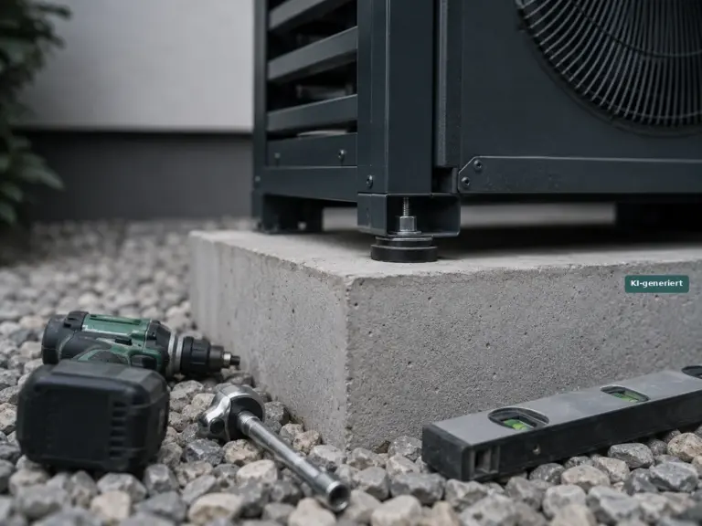 Ankerschraube mit Abreißmutter und Schwingungsdämpfer am Fundament einer Wärmepumpe