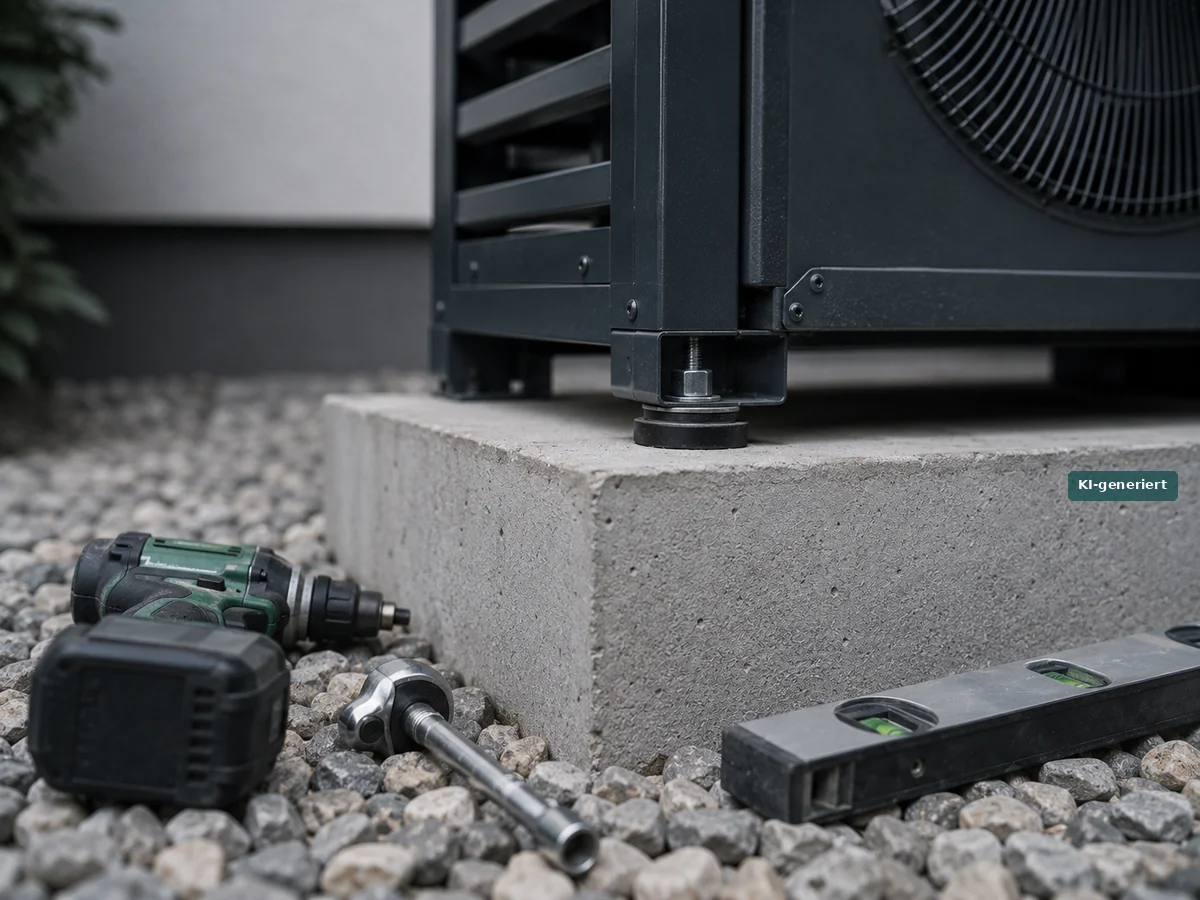 Ankerschraube mit Abreißmutter und Schwingungsdämpfer am Fundament einer Wärmepumpe
